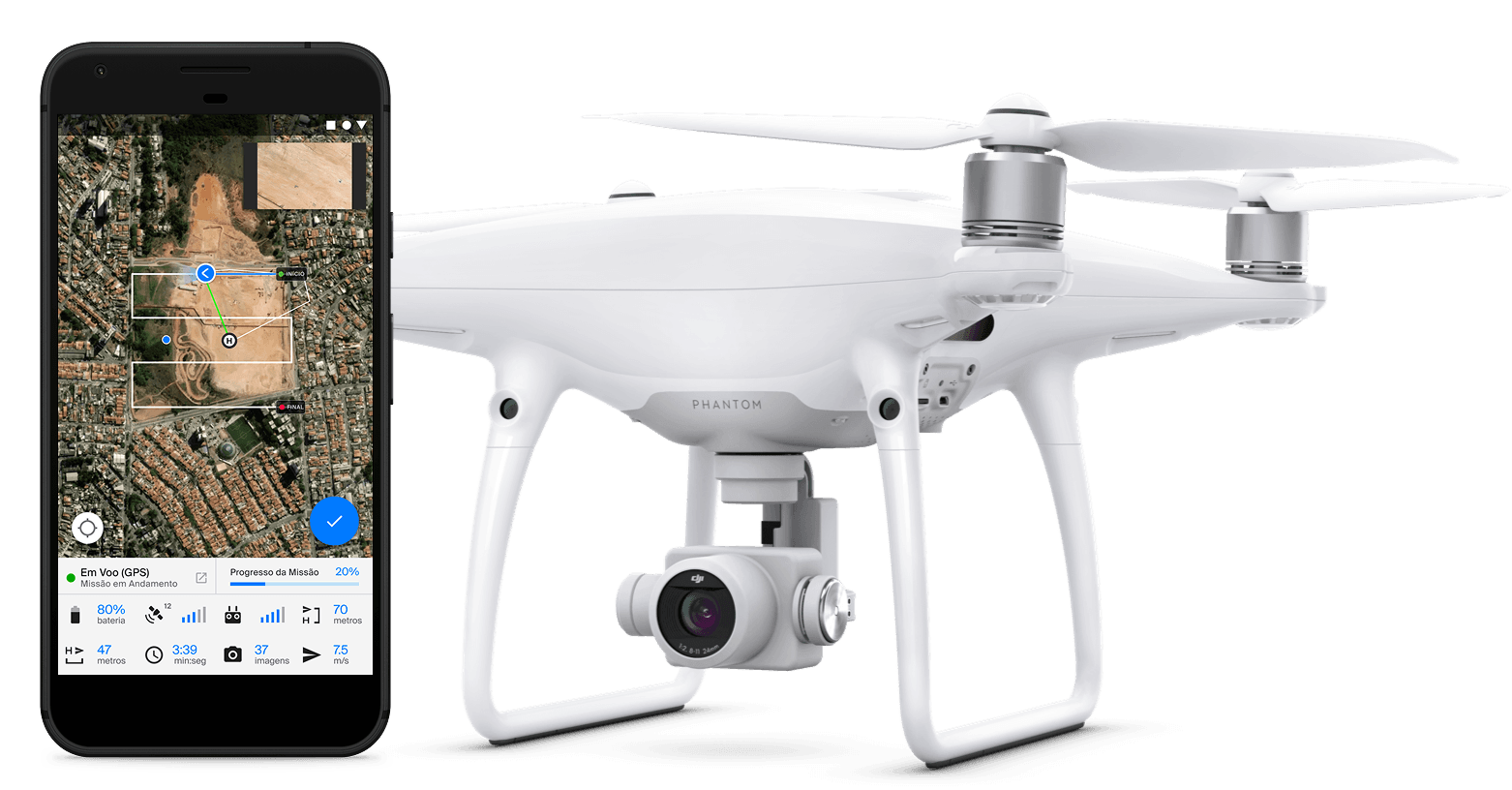 App Mission Planner com rota de voo exibida num drone DJI